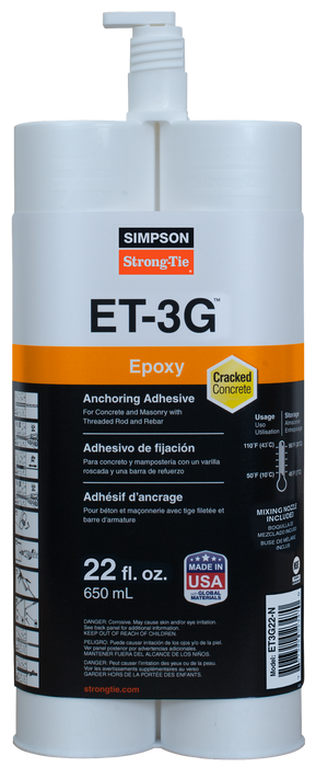 Simpson Strong-Tie ET3G22-N ET-3G™ 22-oz. Epoxy Adhesive Cartridge w/ Nozzle and Extension (Pack of 8)