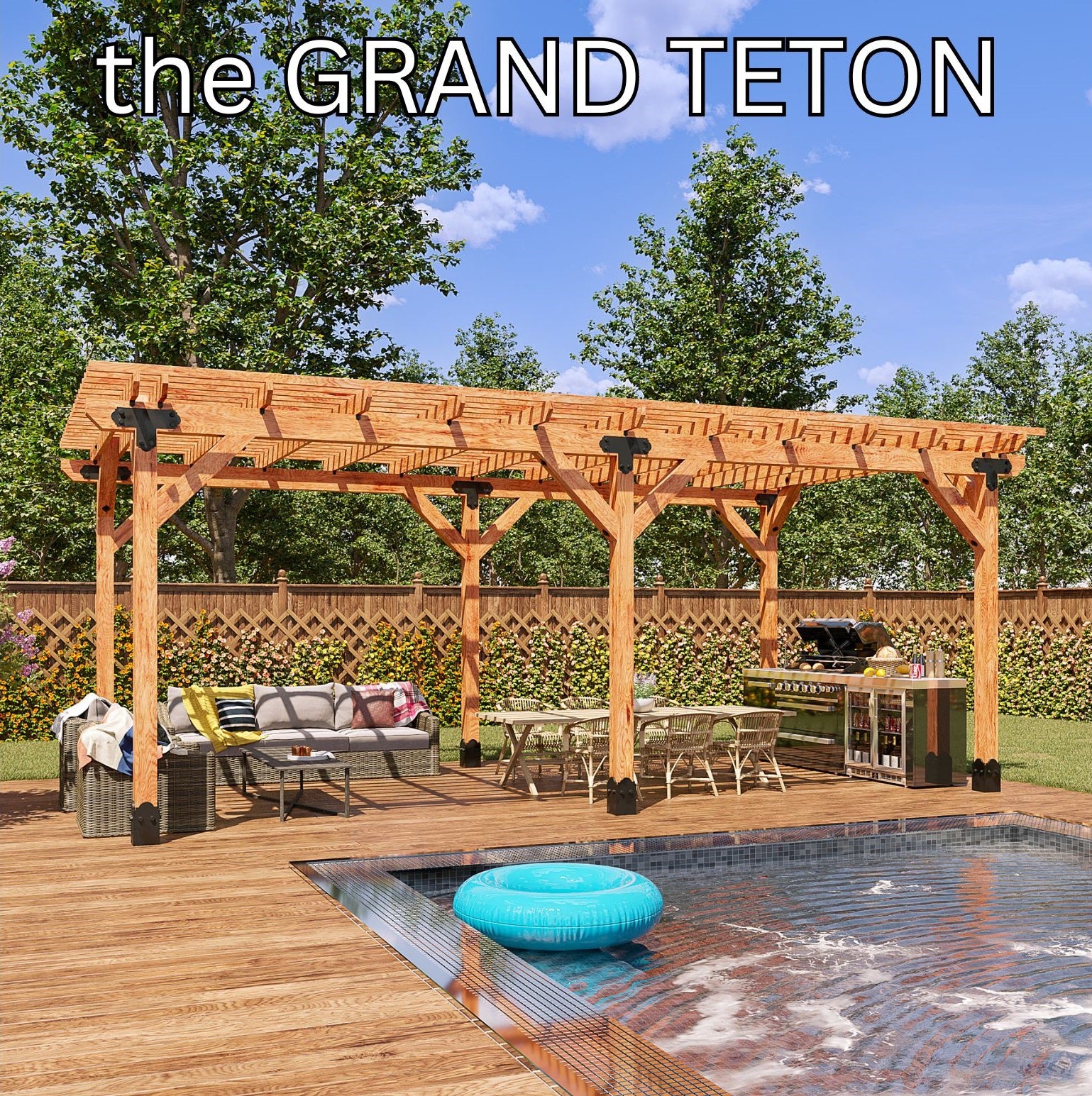 Grand Teton - cedar pergola - 10x18 to 16x32 - heavy timber header